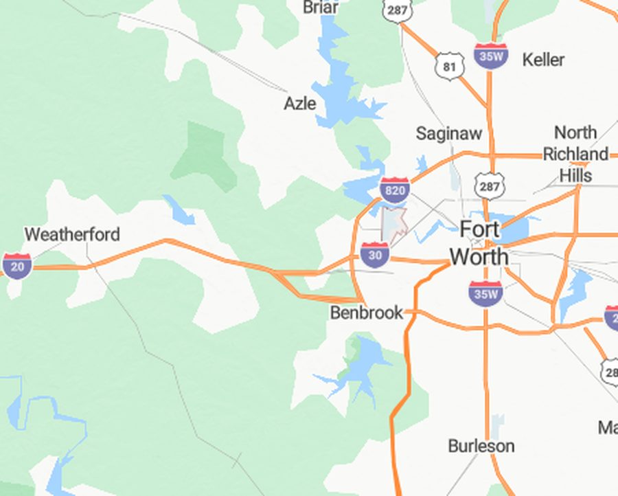 Map of Bulletproof Coatings' service area across the west Fort Worth metroplex